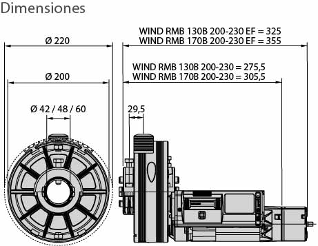 Dimensiones Motor para Puerta Enrollable BFT Wind RMB 170B EF-Dimensiones